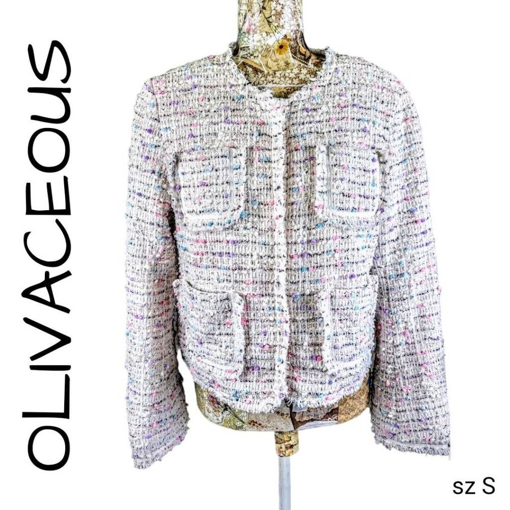 Olivaceous Bumpy Textured Colorful Silver Glittery Frayed Edge Cropped Jacket
